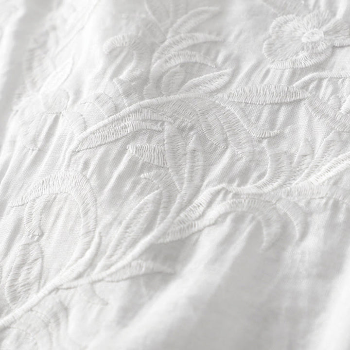 Buddha Stones Summer White Pure Color Embroidery Leaf Flower V-Neck Short Sleeve Midi Dress With Pockets - image 4