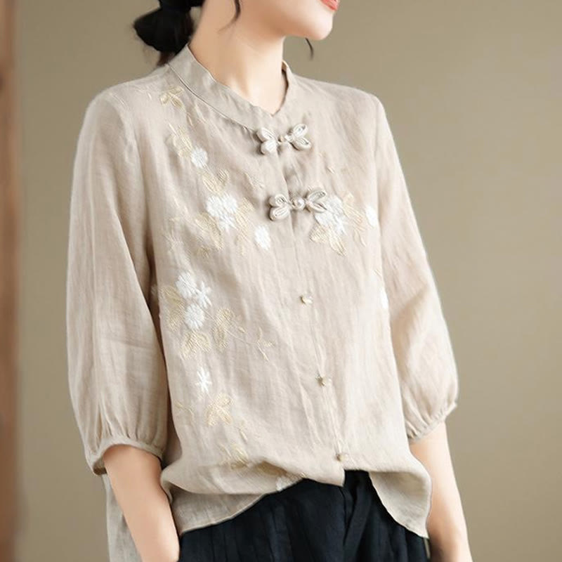 Buddha Stones Vintage Flower Embroidery Three Quarter Sleeve Frog-Button Cotton Linen Women's Shirt - image 5