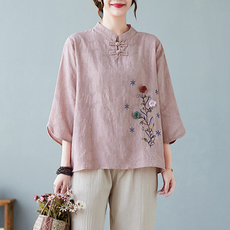 Buddha Stones Vintage Summer Stereoscopic Flower Embroidery Three Quarter Sleeve Frog-Button Cotton Linen Women's Shirt - LightPink - US12，UK/AU16，EU44 (3XL) - image 5