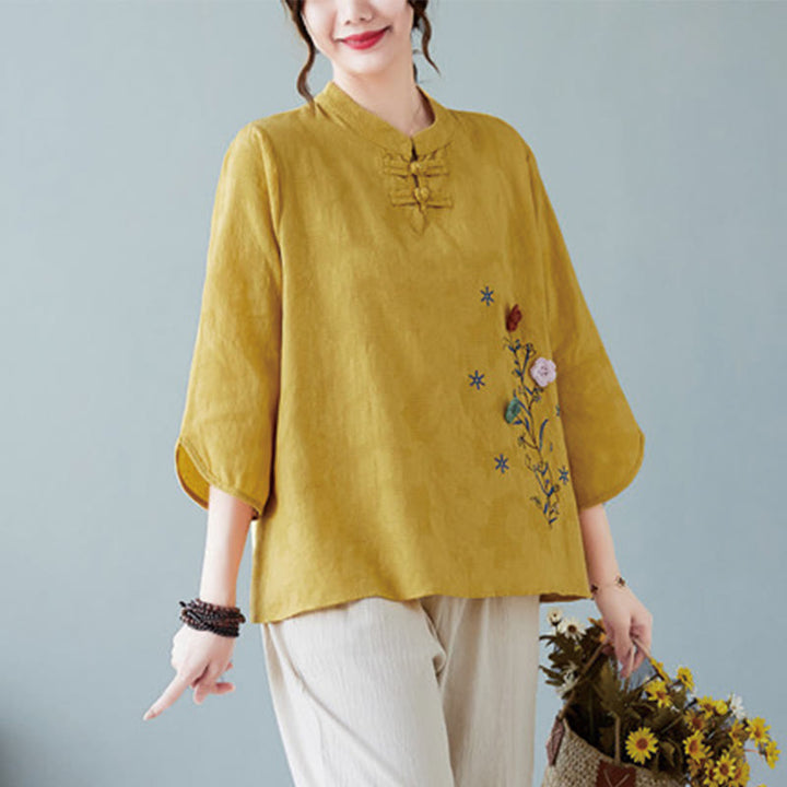 Buddha Stones Vintage Summer Stereoscopic Flower Embroidery Three Quarter Sleeve Frog-Button Cotton Linen Women's Shirt - image 3