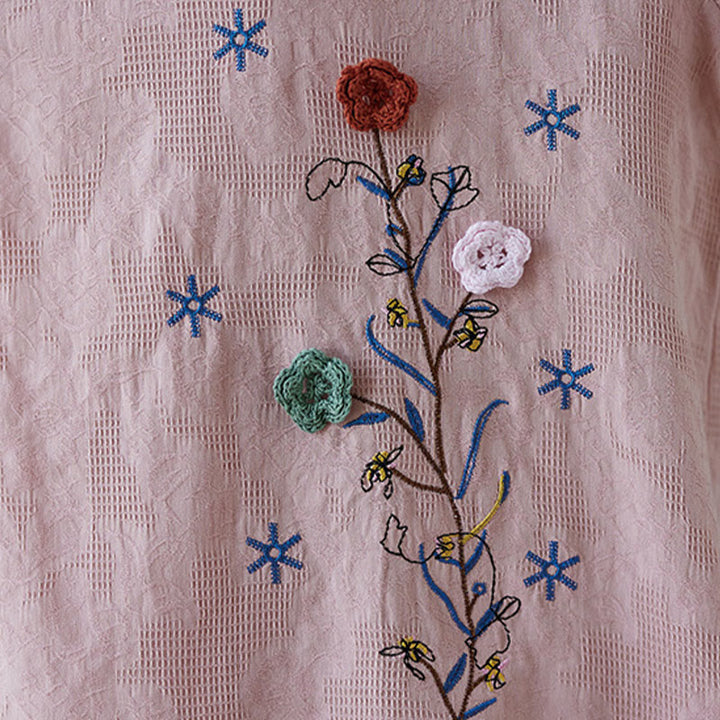 Buddha Stones Vintage Summer Stereoscopic Flower Embroidery Three Quarter Sleeve Frog-Button Cotton Linen Women's Shirt - image 13