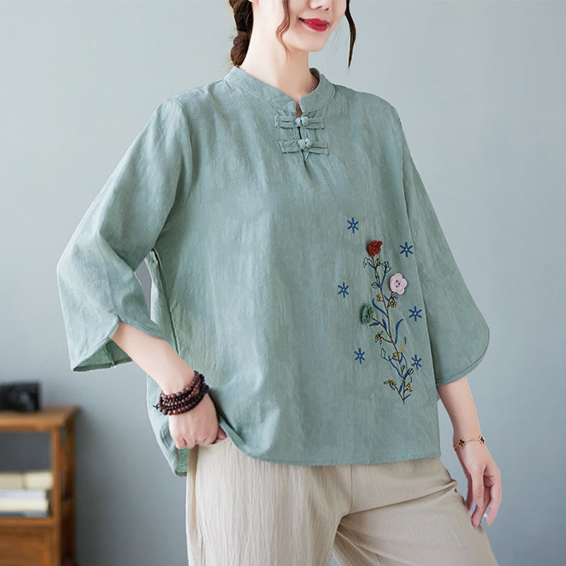 Buddha Stones Vintage Summer Stereoscopic Flower Embroidery Three Quarter Sleeve Frog-Button Cotton Linen Women's Shirt - MediumTurquoise - US12，UK/AU16，EU44 (3XL) - image 17