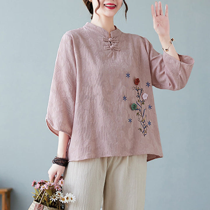 Buddha Stones Vintage Summer Stereoscopic Flower Embroidery Three Quarter Sleeve Frog-Button Cotton Linen Women's Shirt - image 8