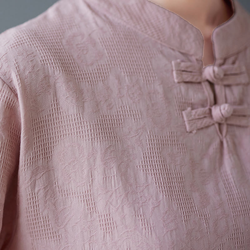 Buddha Stones Vintage Summer Stereoscopic Flower Embroidery Three Quarter Sleeve Frog-Button Cotton Linen Women's Shirt - image 10