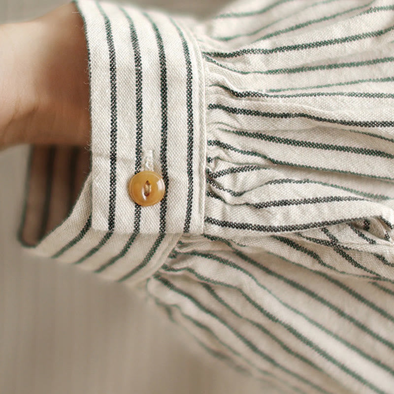 Buddha Stones Spring Causal Splice Design Striped Long Sleeve Button Lapel Cotton Linen Women's Shirt With Pocket - image 13