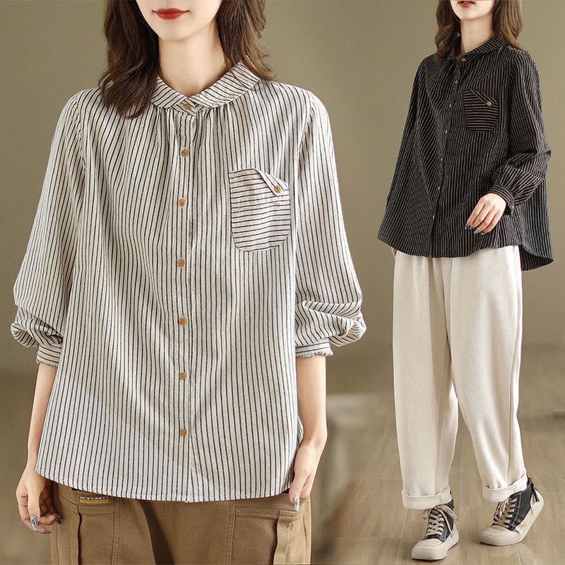 Buddha Stones Spring Causal Splice Design Striped Long Sleeve Button Lapel Cotton Linen Women's Shirt With Pocket - image 16
