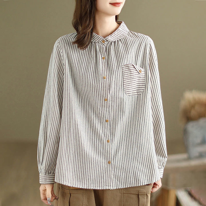 Buddha Stones Spring Causal Splice Design Striped Long Sleeve Button Lapel Cotton Linen Women's Shirt With Pocket - image 8