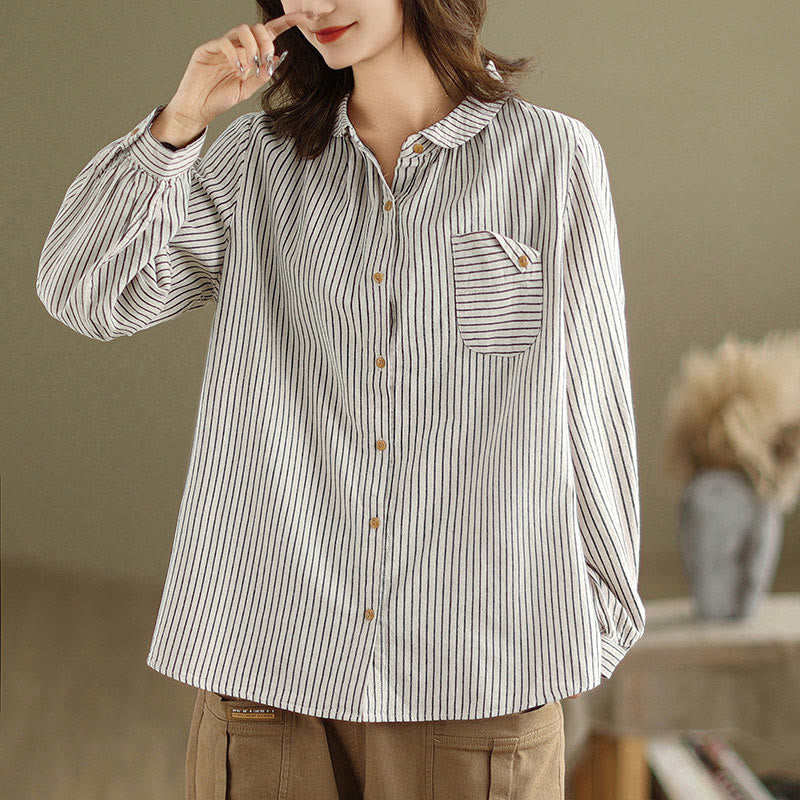 Buddha Stones Spring Causal Splice Design Striped Long Sleeve Button Lapel Cotton Linen Women's Shirt With Pocket - WhiteSmoke - US8-10，UK/AU12-14，EU40-42 (2XL) - image 6