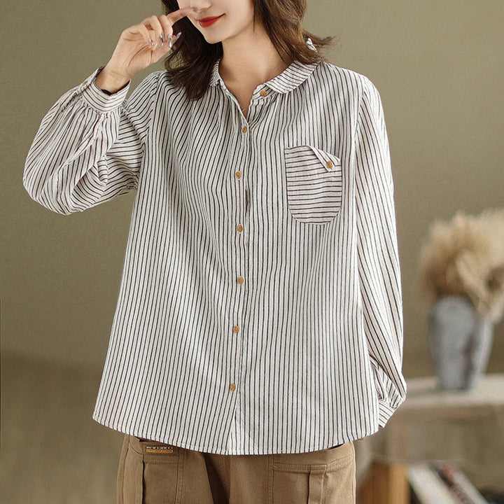 Buddha Stones Spring Causal Splice Design Striped Long Sleeve Button Lapel Cotton Linen Women's Shirt With Pocket - WhiteSmoke - US8-10，UK/AU12-14，EU40-42 (2XL) - image 6