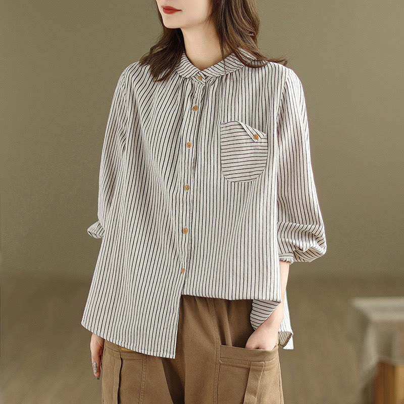 Buddha Stones Spring Causal Splice Design Striped Long Sleeve Button Lapel Cotton Linen Women's Shirt With Pocket - image 11