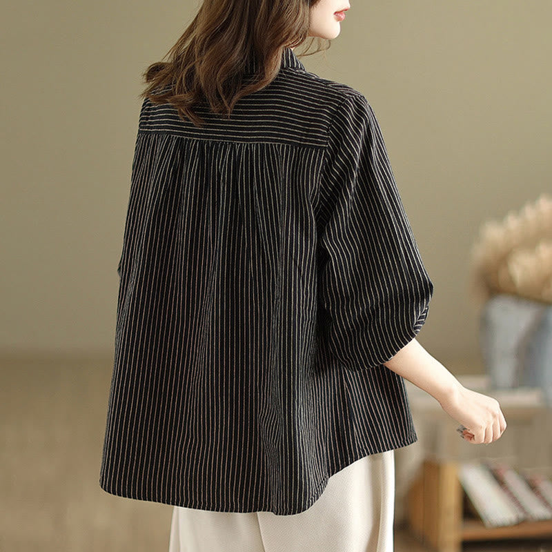 Buddha Stones Spring Causal Splice Design Striped Long Sleeve Button Lapel Cotton Linen Women's Shirt With Pocket - image 2