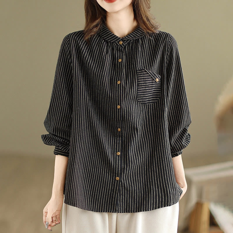 Buddha Stones Spring Causal Splice Design Striped Long Sleeve Button Lapel Cotton Linen Women's Shirt With Pocket - Black - US8-10，UK/AU12-14，EU40-42 (2XL) - image 0