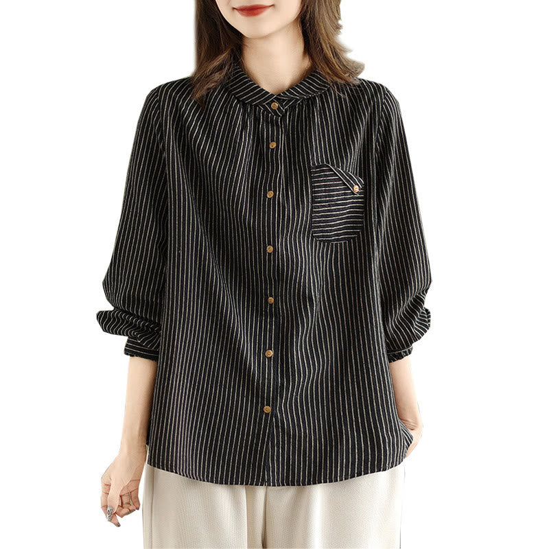 Buddha Stones Spring Causal Splice Design Striped Long Sleeve Button Lapel Cotton Linen Women's Shirt With Pocket - image 5