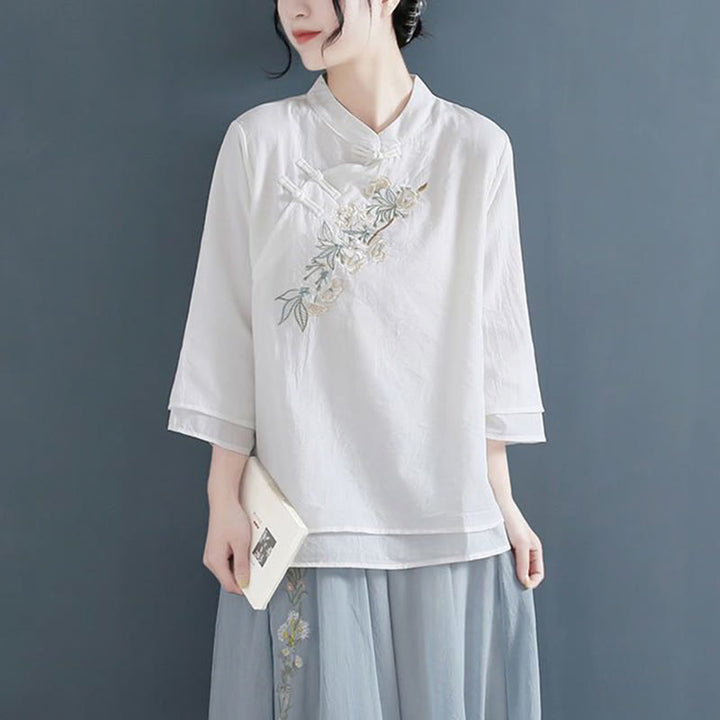 Buddha Stones Flower Embroidery Three Quarter Sleeve Frog-Button Mandarin Collar Cotton Linen Women's Shirt - White - US12，UK/AU16，EU44 (3XL) - image 3