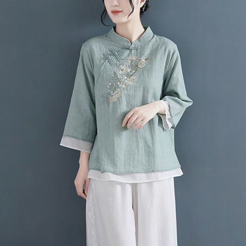 Buddha Stones Flower Embroidery Three Quarter Sleeve Frog-Button Mandarin Collar Cotton Linen Women's Shirt - image 15