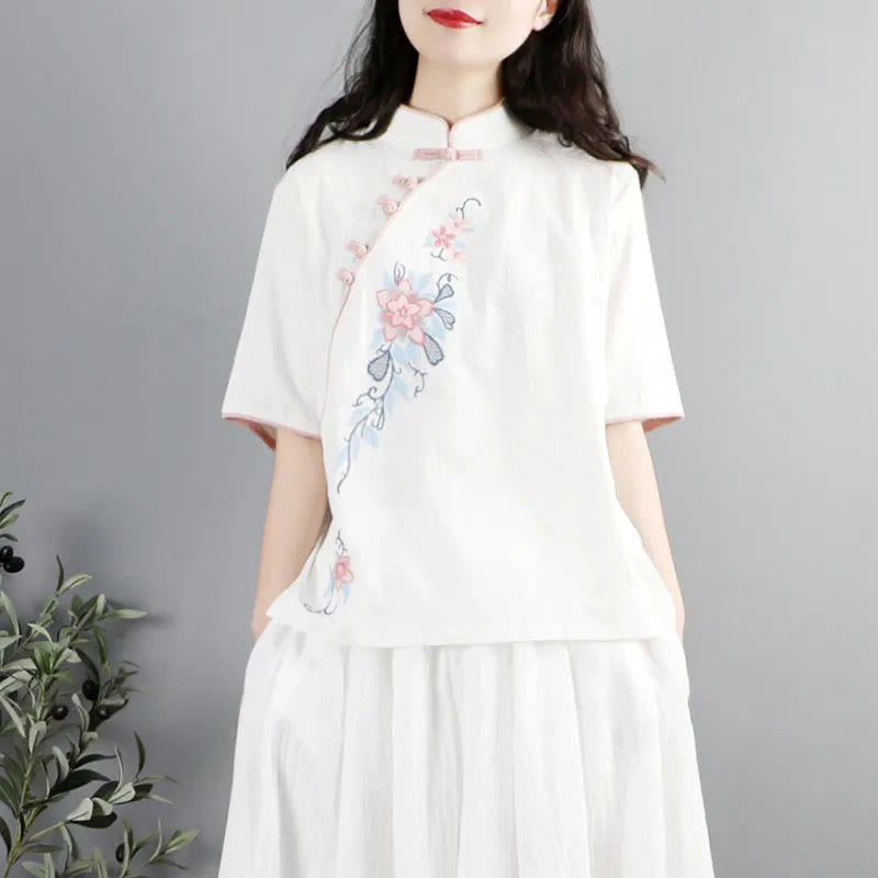 Buddha Stones Summer Flower Embroidery Half Sleeve Frog-Button Mandarin Collar Cotton Linen Women's Shirt - Snow - US12，UK/AU16，EU44 (3XL) - image 6