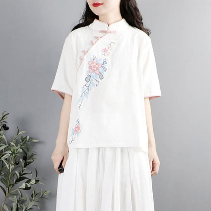 Buddha Stones Summer Flower Embroidery Half Sleeve Frog-Button Mandarin Collar Cotton Linen Women's Shirt - image 7