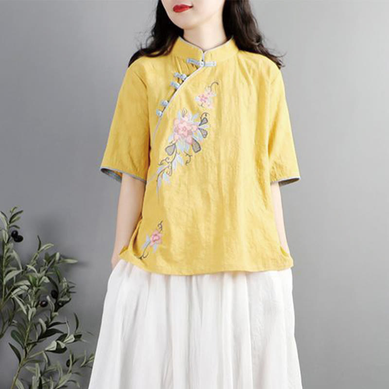 Buddha Stones Summer Flower Embroidery Half Sleeve Frog-Button Mandarin Collar Cotton Linen Women's Shirt - image 10