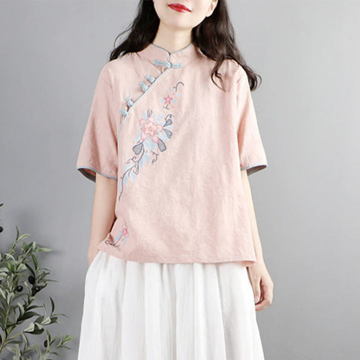 Buddha Stones Summer Flower Embroidery Half Sleeve Frog-Button Mandarin Collar Cotton Linen Women's Shirt - MistyRose - US12，UK/AU16，EU44 (3XL) - image 3