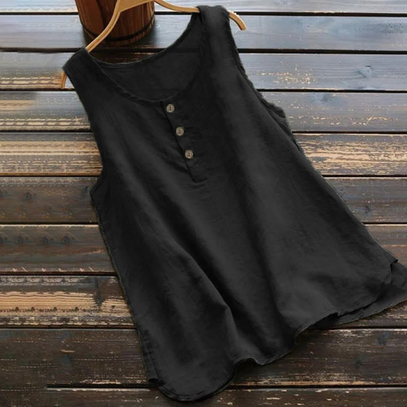 Buddha Stones Summer Pure Color Crew Collar Button Women's Vest Waistcoat - Black - US16，UK/AU20，EU48 (5XL) - image 0