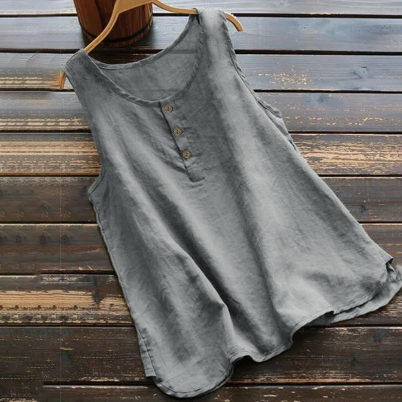 Buddha Stones Summer Pure Color Crew Collar Button Women's Vest Waistcoat - Gray - US16，UK/AU20，EU48 (5XL) - image 2