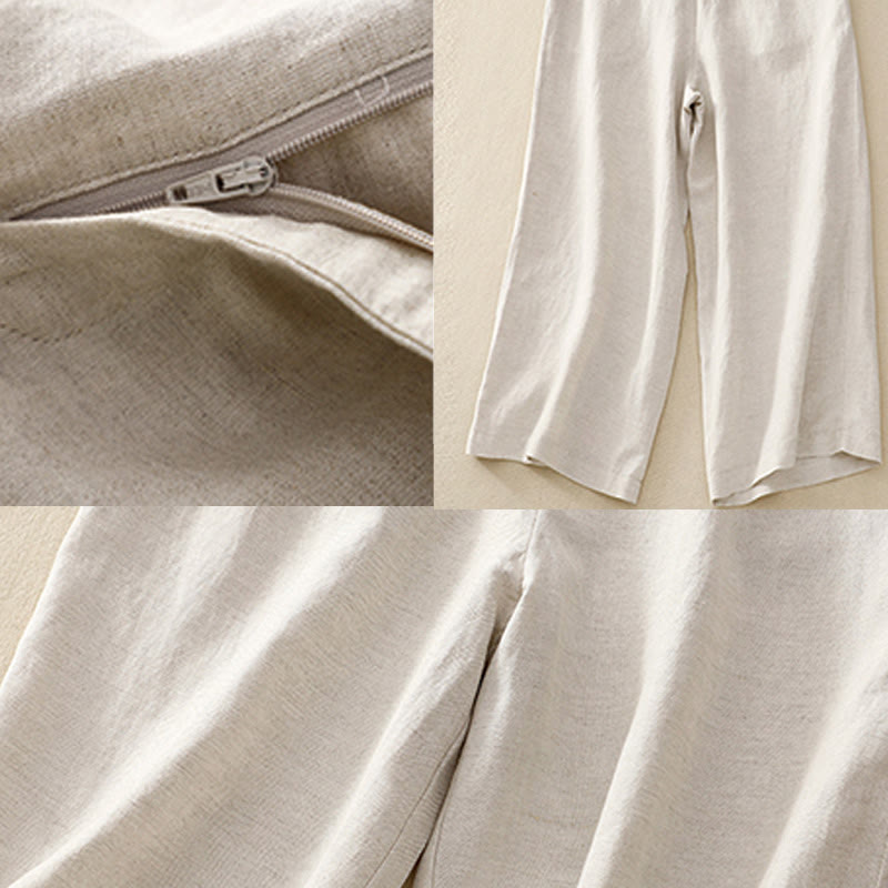 Buddha Stones Summer Plain Color 7-8 Length Cotton Linen Women's Wide Leg Pants With Pockets Zipper - image 10