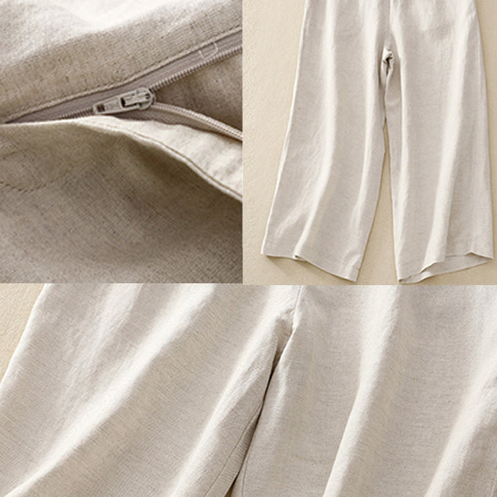 Buddha Stones Summer Plain Color 7-8 Length Cotton Linen Women's Wide Leg Pants With Pockets Zipper - image 10
