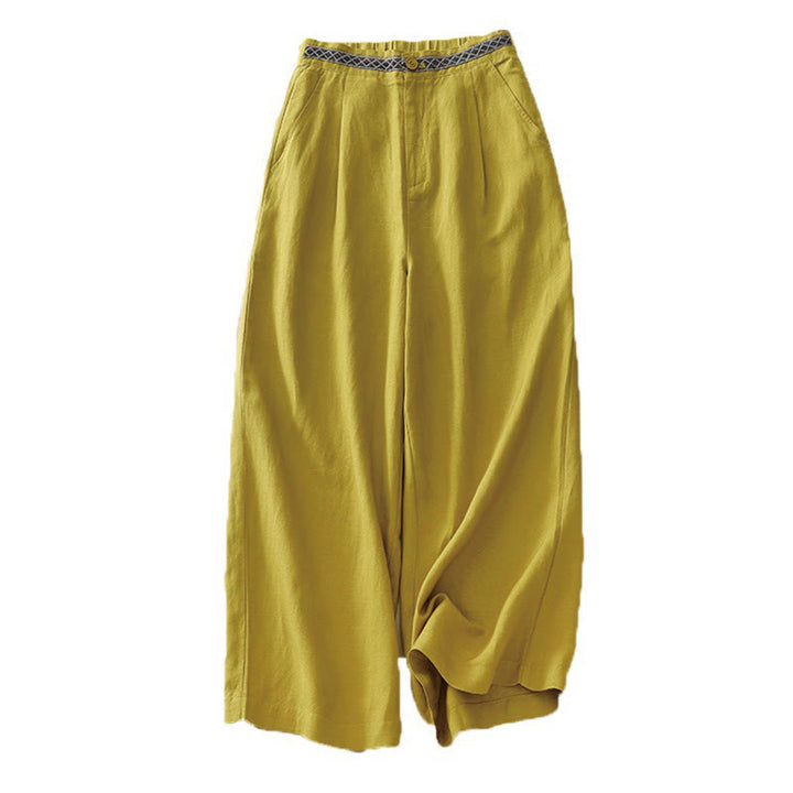 Buddha Stones Summer Plain Color 7-8 Length Cotton Linen Women's Wide Leg Pants With Pockets Zipper - image 4