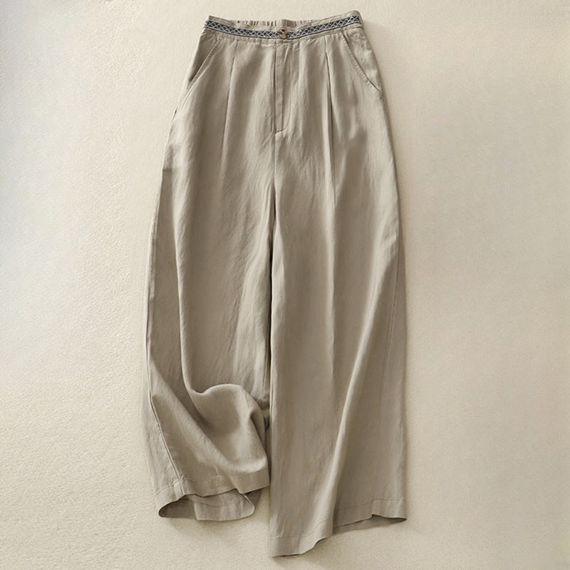 Buddha Stones Summer Plain Color 7-8 Length Cotton Linen Women's Wide Leg Pants With Pockets Zipper - DarkKhaki - US8-10，UK/AU12-14，EU40-42 (2XL) - image 11