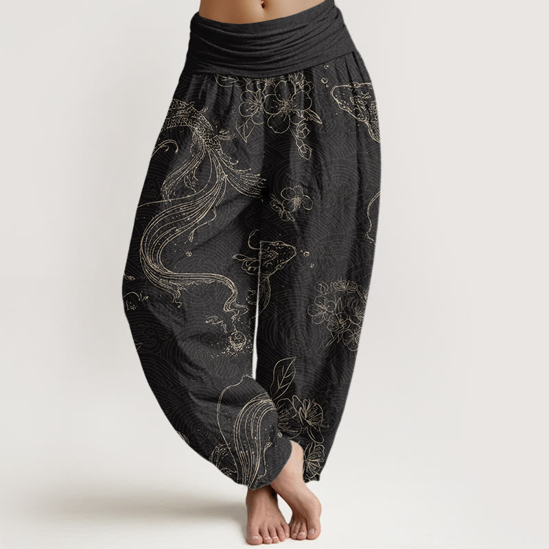 Buddha Stones Koi Fish Floral Pattern Women's Elastic Waist Harem Pants - Black - US22，UK/AU26，EU54 (6XL) - image 1