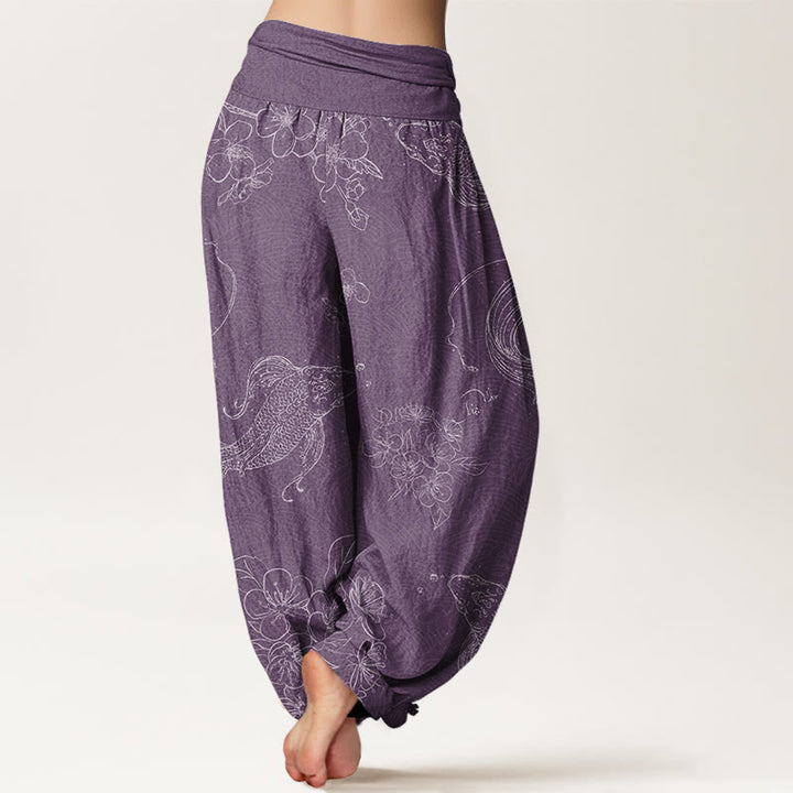 Buddha Stones Cotton Koi Fish Floral Pattern Women's Elastic Waist Harem Pants - image 6