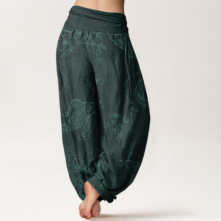 Buddha Stones Cotton Koi Fish Floral Pattern Women's Elastic Waist Harem Pants - image 9