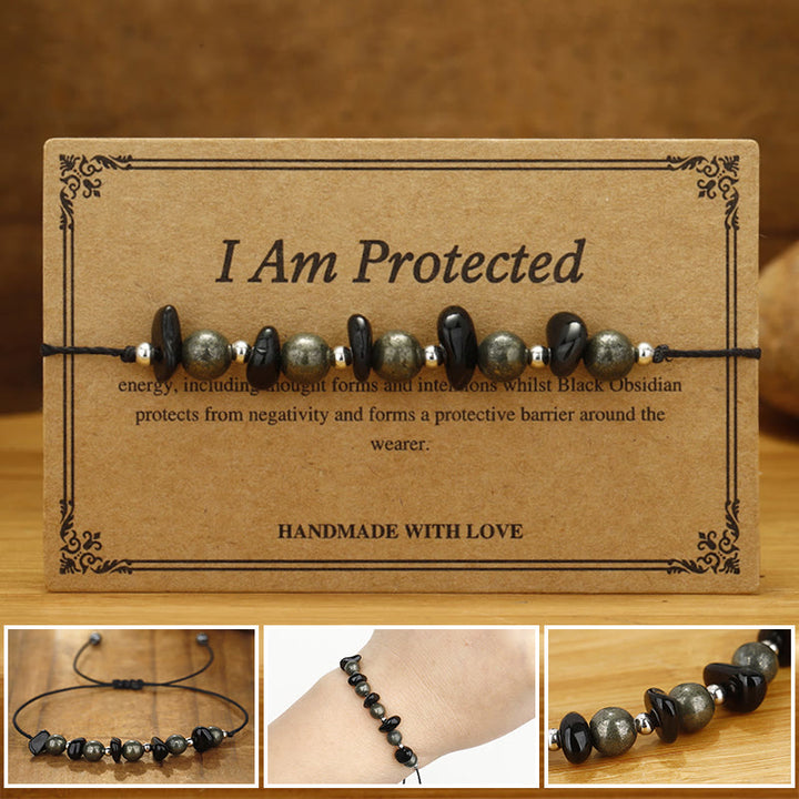 Buddha Stones I Am Protected Iron Pyrite Black Obsidian Fulfillment Bracelet