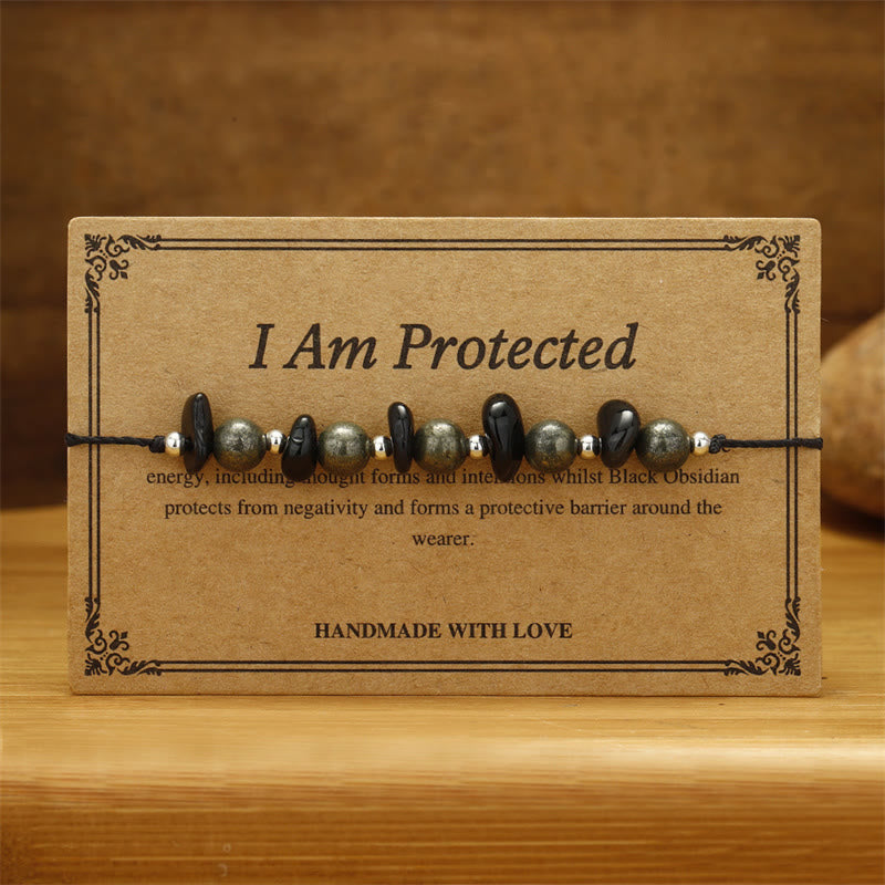 Buddha Stones I Am Protected Iron Pyrite Black Obsidian Fulfillment Bracelet