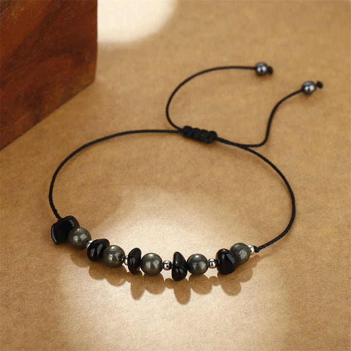 Buddha Stones I Am Protected Iron Pyrite Black Obsidian Fulfillment Bracelet