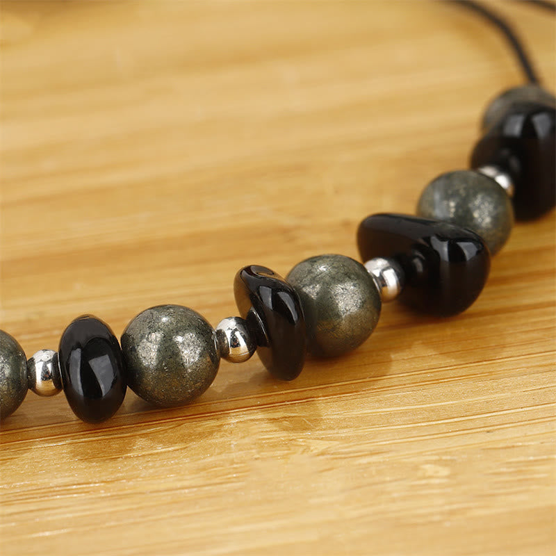 Buddha Stones I Am Protected Iron Pyrite Black Obsidian Fulfillment Bracelet