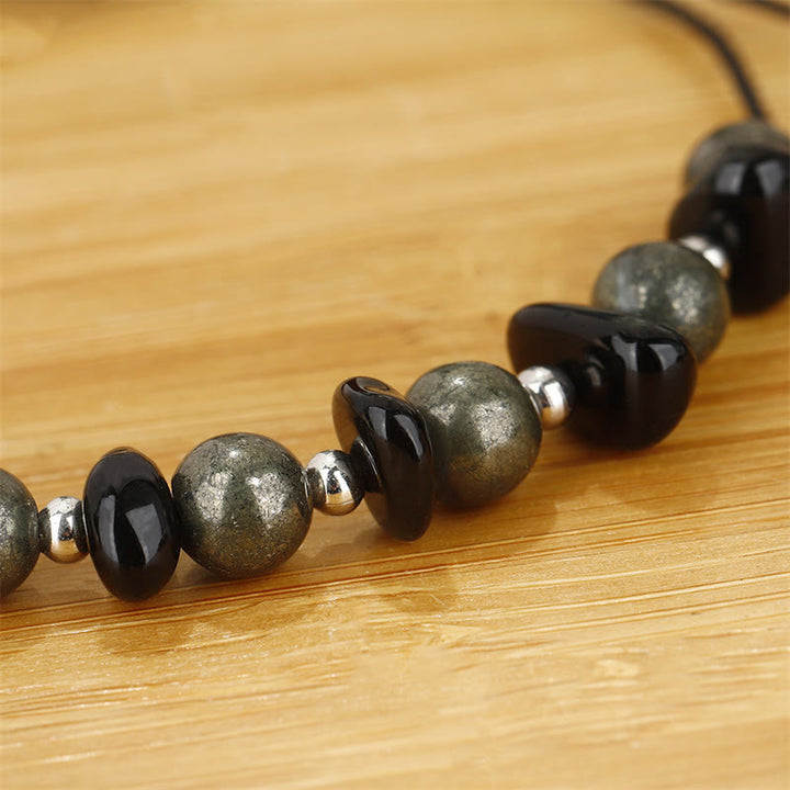 Buddha Stones I Am Protected Iron Pyrite Black Obsidian Fulfillment Bracelet
