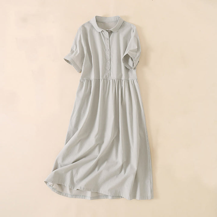 Buddha Stones Summer Buttons Design Short Sleeve Cotton Linen Midi Dress With Pockets - Linen - US12，UK/AU16，EU44 (3XL) - image 5