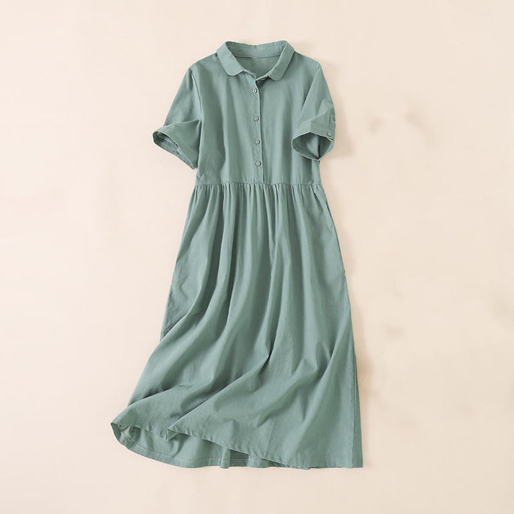 Buddha Stones Summer Buttons Design Short Sleeve Cotton Linen Midi Dress With Pockets - LightSeaGreen - US12，UK/AU16，EU44 (3XL) - image 23