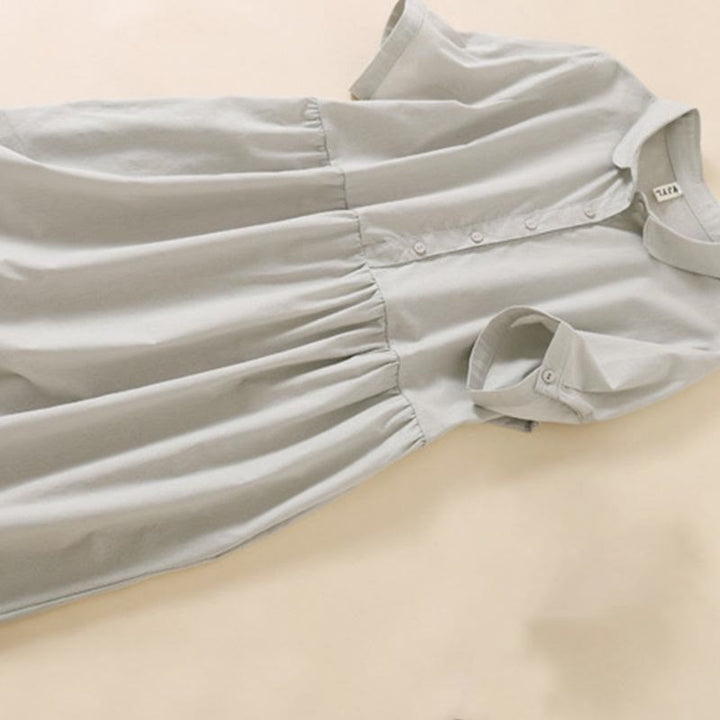 Buddha Stones Summer Buttons Design Short Sleeve Cotton Linen Midi Dress With Pockets - image 7