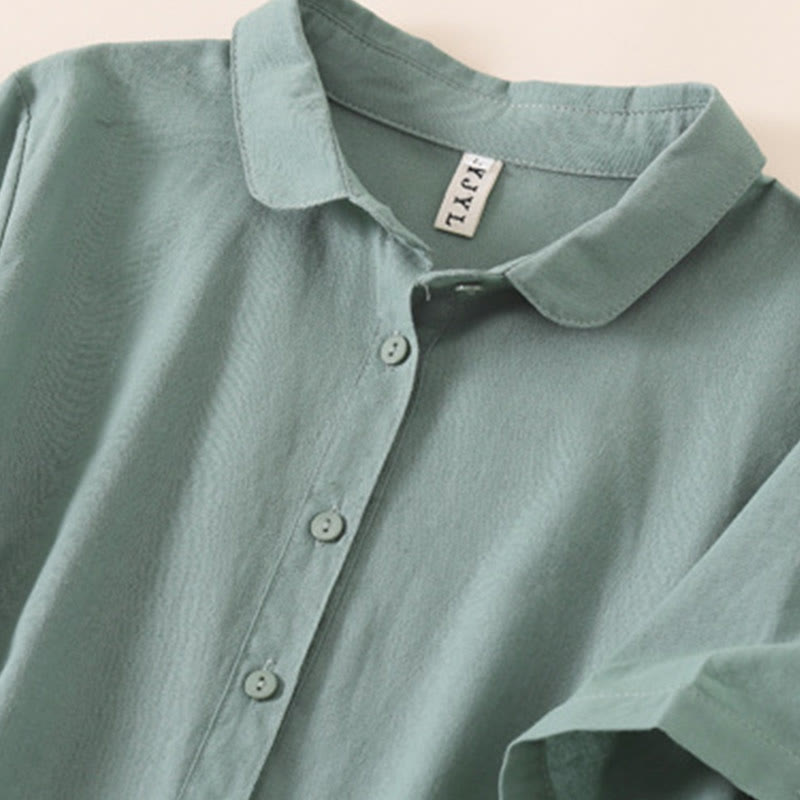 Buddha Stones Summer Buttons Design Short Sleeve Cotton Linen Midi Dress With Pockets - image 24