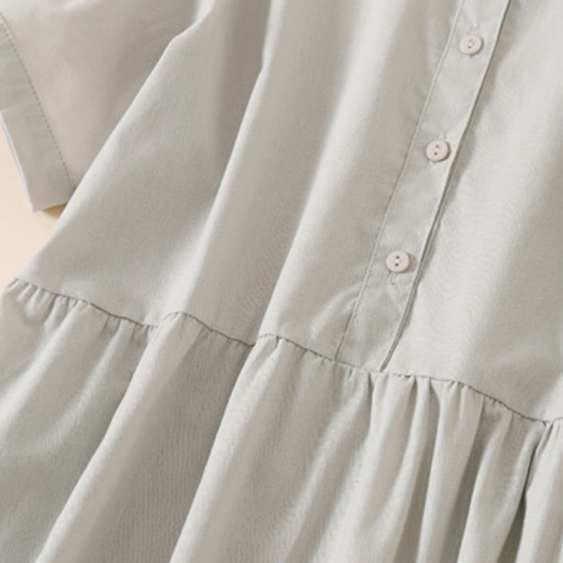 Buddha Stones Summer Buttons Design Short Sleeve Cotton Linen Midi Dress With Pockets - image 10