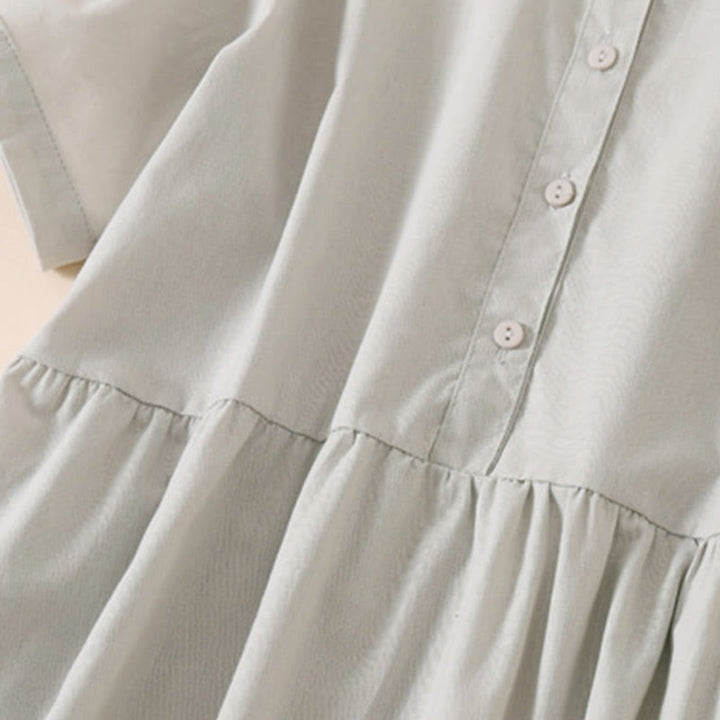 Buddha Stones Summer Buttons Design Short Sleeve Cotton Linen Midi Dress With Pockets - image 10