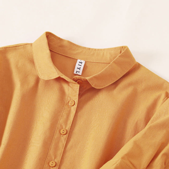 Buddha Stones Summer Buttons Design Short Sleeve Cotton Linen Midi Dress With Pockets - image 19