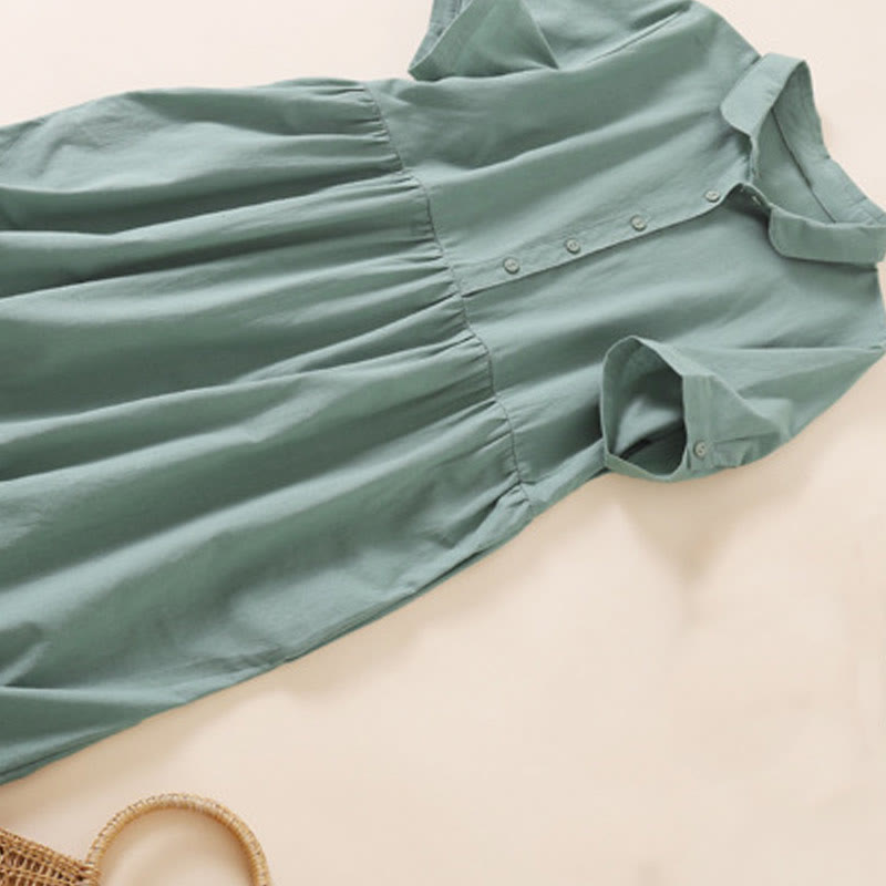 Buddha Stones Summer Buttons Design Short Sleeve Cotton Linen Midi Dress With Pockets - image 25