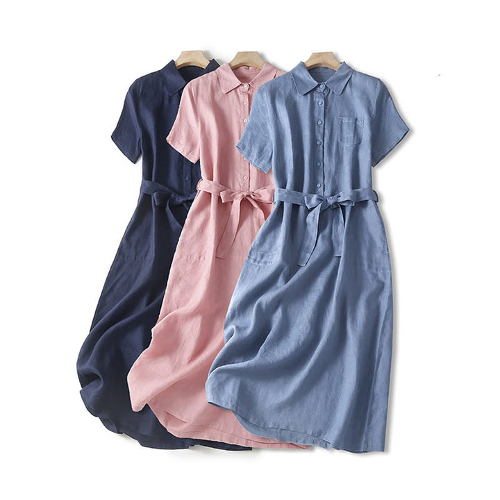 Buddha Stones Summer Lace-up Plain Short Sleeve Cotton Midi Dress With Pockets