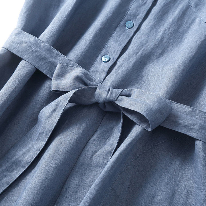 Buddha Stones Summer Lace-up Plain Short Sleeve Cotton Midi Dress With Pockets - image 13