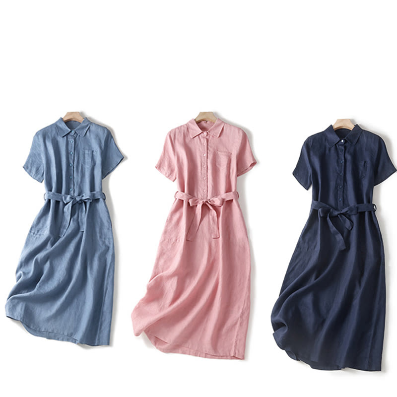 Buddha Stones Summer Lace-up Plain Short Sleeve Cotton Midi Dress With Pockets