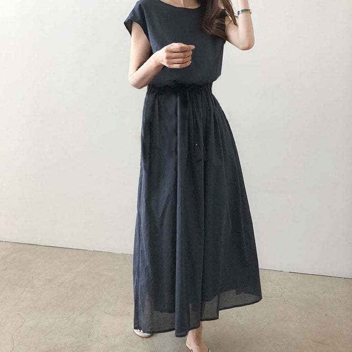 Buddha Stones Casual Eastic Waist Drawstring Design Short Sleeve Cotton Linen Midi Dress - SteelBlue - US8-10，UK/AU12-14，EU40-42 (2XL) - image 13