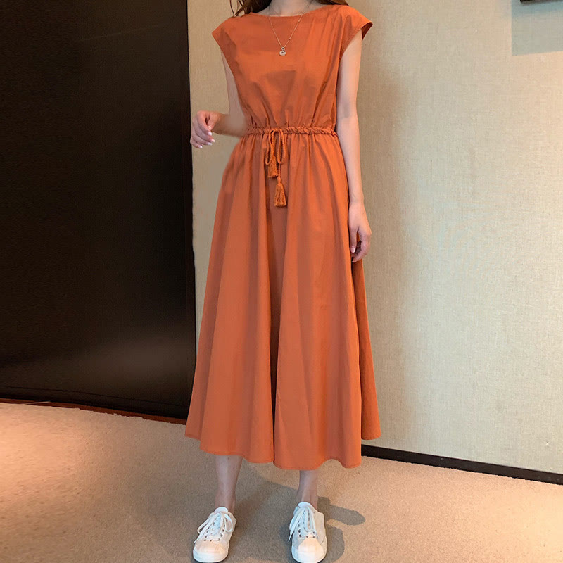 Buddha Stones Casual Eastic Waist Drawstring Design Short Sleeve Cotton Linen Midi Dress - DarkOrange - US8-10，UK/AU12-14，EU40-42 (2XL) - image 25